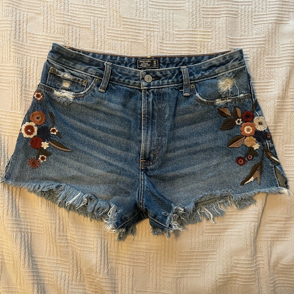 Abercrombie & Fitch Blue Jean Shorts with Floral Embroidery